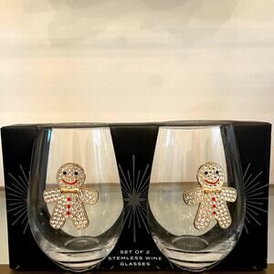 Christmas Jeweled GINGERBREAD Stemless Wine Glass Set of 2 Holiday Barware New